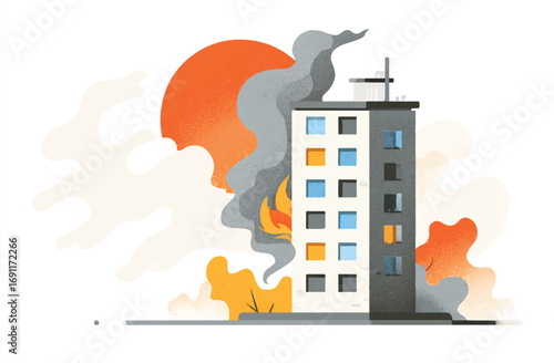 Dramatic depiction of a building fire with smoke flames and the sun behind in cartoon style