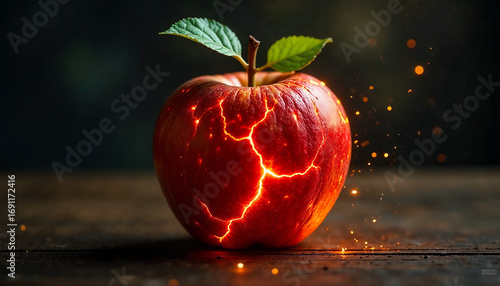 Apple shaped like planet Earth, but the surface is made of glowing magma, fiery cracks, and molten textures.