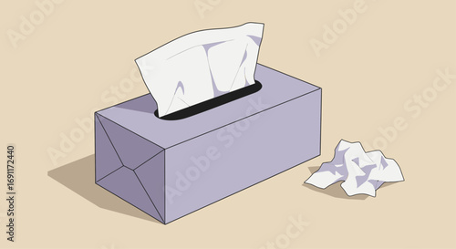 Tissue box with tissues coming out of the top and one crumpled tissue on the side isolated on white background