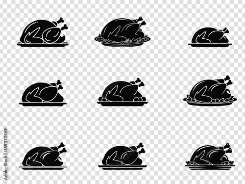whole roasted turkey, whole roasted chicken, whole roasted duck, detailed illustration, black and white, highly detailed, photorealistic