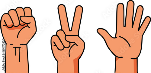 Hand gestures showing fist peace and open palm in simple cartoon style for communication and expression vector illustration 