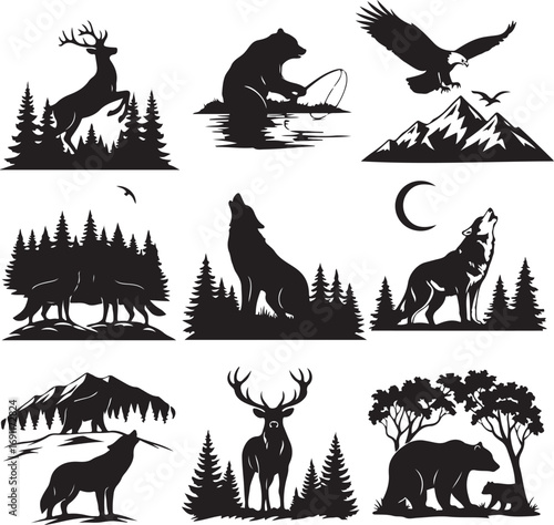 Silhouette Wildlife Collection Featuring Deer, Bears, Wolves, and Eagles in Natural Habitats for Outdoors and Nature Enthusiasts