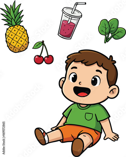 Happy little boy sitting with pineapple cherry drink and spinach healthy food vector illustration 