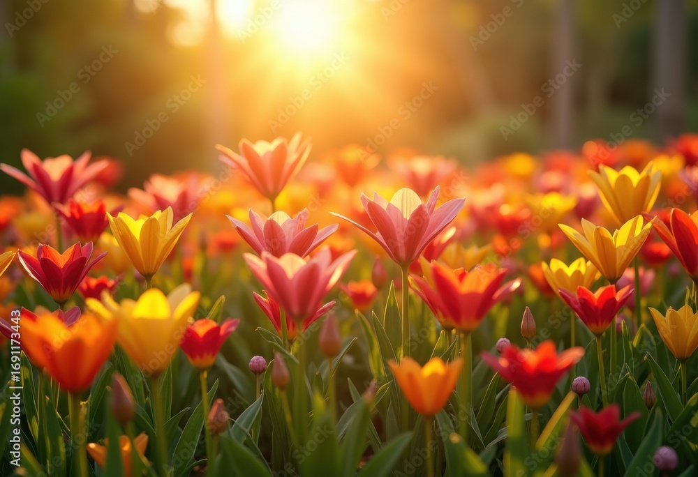 Obraz premium vibrant flower beds bathed sunlight nature beauty colorful blooming blossoms, petal, garden, plant, leaves, flora, spring, zinnia, dahlia, lily, rose