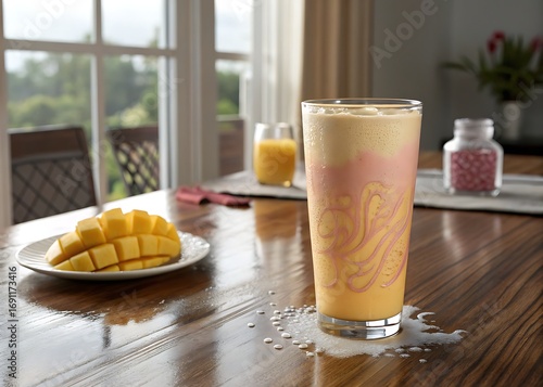 A fresh breakfast on a white table featuring a cup of coffee and biscuits with a sweet croissant snack, milk, and healthy fruit served on a plate as a delicious morning beverage meal