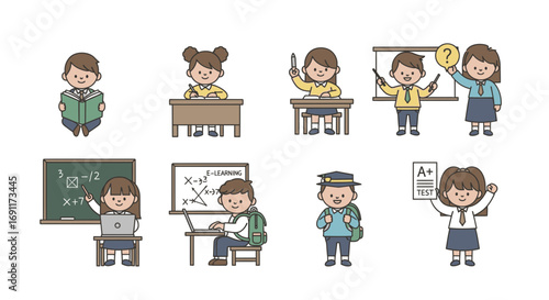 Collection of cute student character illustrations engaged in various school and educational activities in a flat design style