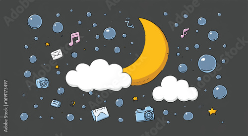 Dreamy night with crescent moon clouds stars and floating objects creating a whimsical atmosphere for children