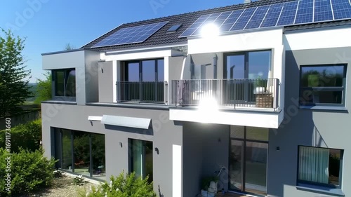 Modern gray house with solar panels on a sunny day