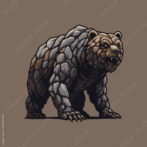 Stylized aggressive grizzly bear with stone armor.