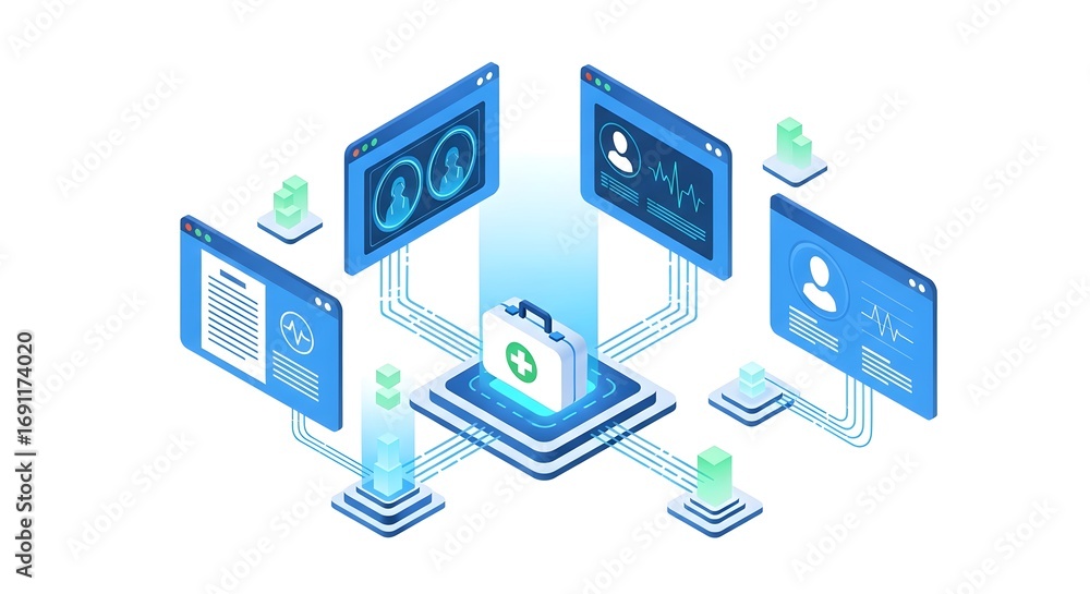 Digital healthcare technology system with secure data transfer and patient information management, Isometric illustration. Digital healthcare technology system with secure data transfer and patient information management, Isometric illustration.