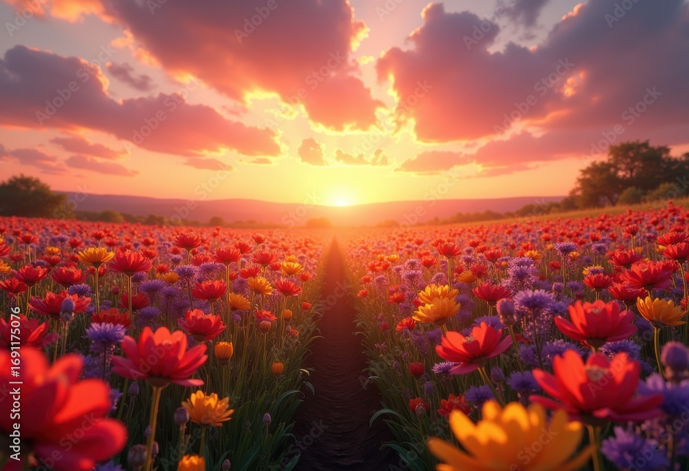 Fototapeta premium vibrant wildflower fields under dramatic sky color explosion nature landscape colorful blossom bloom atmosphere, scenic, vibrancy, countryside, meadow, petal, sunset
