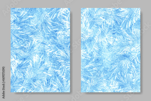 Merry Christmas vector poster set with frozen glass pattern and ice for cover design, cards, flyer, poster. Blue winter texture art background. Christmas abstract illustration. Ice. Cold. Frozen water