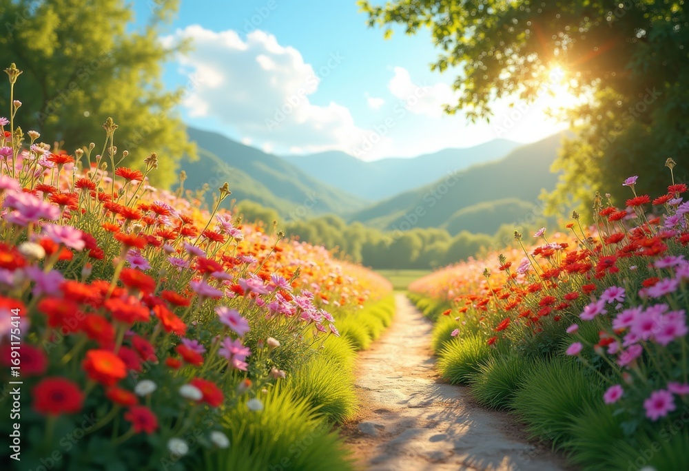 Obraz premium vibrant wildflowers blooming along sun drenched pathway lush nature landscape, scenic, floral, flora, butterfly, meadow, summer, sunset, field, pedal