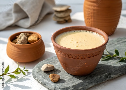 Fresh milk chocolate with nuts served in a hot brown mug alongside a sweet coffee beverage creates a healthy breakfast aroma