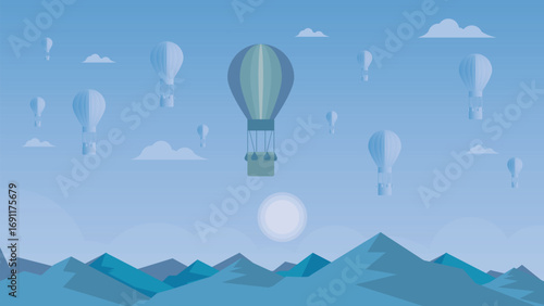 Air Ballon in the mountain view beautiful landscape drawing in flat cute drawing illustration with a sun drawing in flat for background theme in the vector .