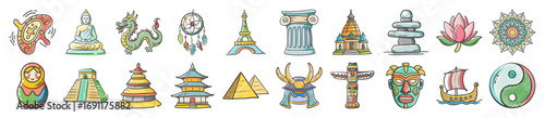 Hand drawn world culture and heritage icons collection - Set of colorful hand drawn cultural icons representing global heritage, traditions, landmarks, mythology, spirituality, and famous architectura