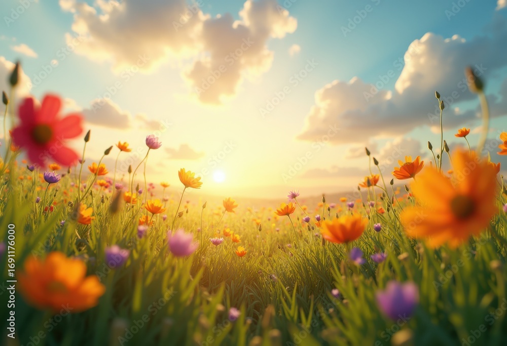 Obraz premium vibrant wildflowers sunlit meadow colorful flora natural beauty lush grass dreamy landscape spring essence, sunlight, nature, field, vibrancy, bloom