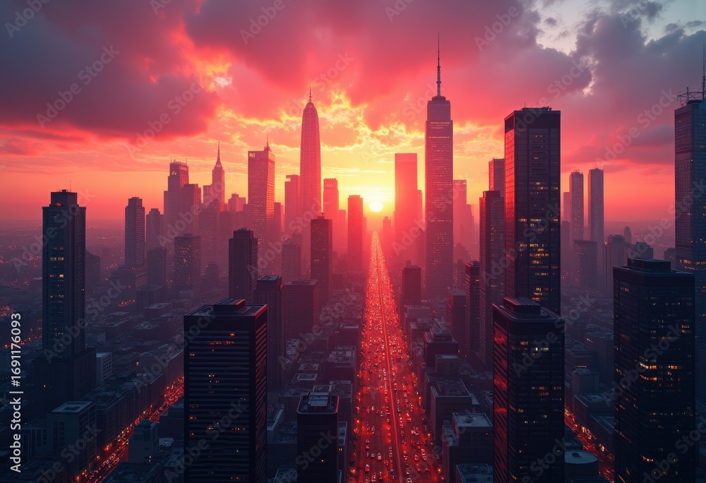 Fototapeta premium vivid city skyline sunset colorful urban landscape dreamy horizon vibrant skyline glow twilight illumination, dusk, building, architecture, reflection, cityscape