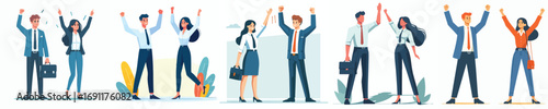 Business Team Celebrating Success – Happy Office People Raising Hands