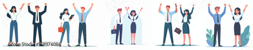 Business Team Celebrating Achievement – Successful Office Workers Raising Hands