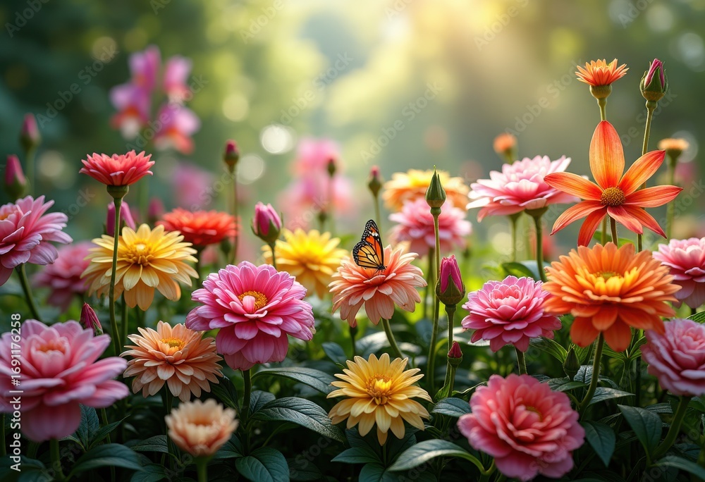 Fototapeta premium vibrant garden showcase abundant plant diversity blooming colors natural arrangements flourishing flora seasonal beauty, flower, shrub, leaf, stem, petal