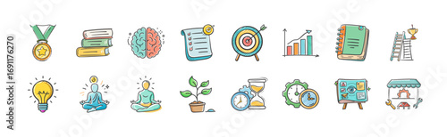 Hand drawn education, learning and personal growth icons - Collection of colorful hand drawn icons representing education, learning, knowledge, success, meditation, creativity, sustainability