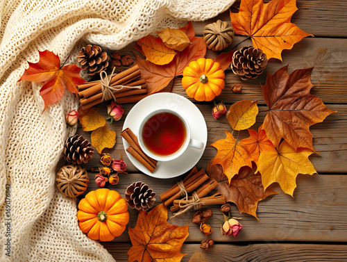 A cozy autumn still life composition photographed from directly above shows a white ceramic cup filled with steaming tea centered on a weathered wooden table surface. A cream-colored knitted blanket w