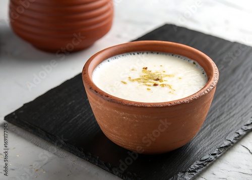 A hot cup of coffee with milk and a sweet bowl of chocolate topped with marshmallows served as a delicious breakfast beverage in a white cafe glass