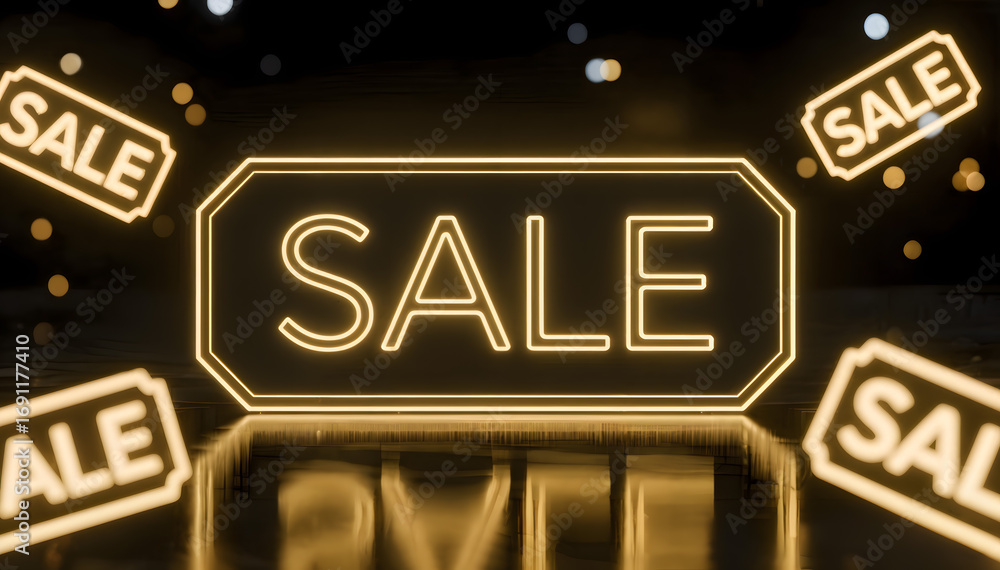Obraz premium A digital image of a large, glowing golden sign with the word 'SALE' in the center.