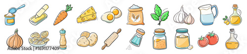 Hand drawn cooking ingredients and kitchen essentials - Set of colorful hand drawn cooking ingredients and kitchen essentials including vegetables, dairy, spices, baking tools, and pantry items.