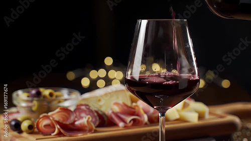 Red Wine Being Poured Near Cheese Salami and Olives with Bokeh Light in Background
