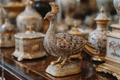 Ornate peacock figurine on a wooden table