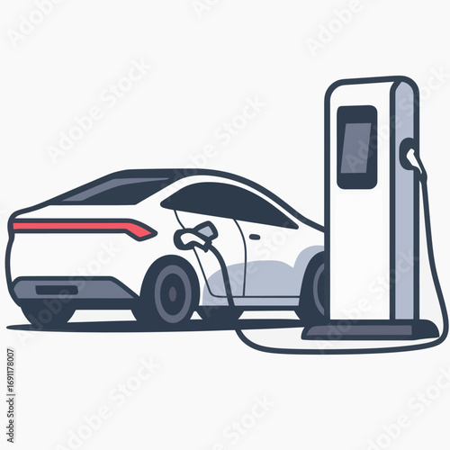 Vector Illustration of Electric Car Charging at Modern EV Station