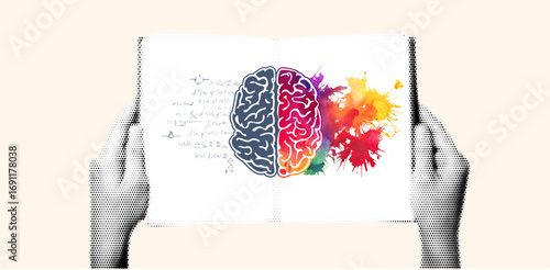 Hands Holding an Open Book with Watercolor Brain Illustration Symbolizing Knowledge, Creativity, Psychology