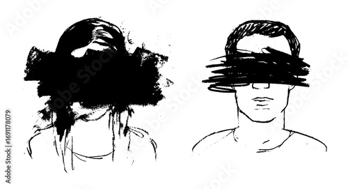 Abstract Illustration of Two Distressed Figures Facing Away. Troubled Relationship