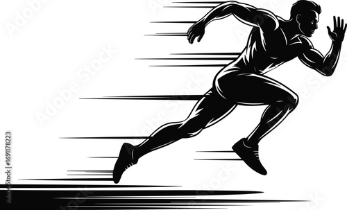 Running athlete silhouette, sprinting man in motion, high speed sports figure, dynamic runner pose, fitness training concept, cad drawing flat vector illustration