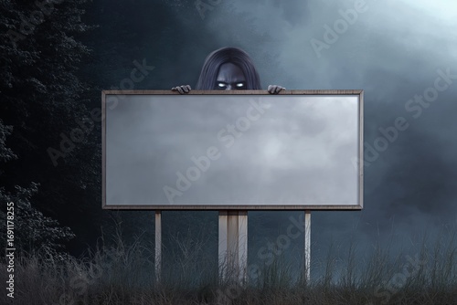 Mysterious figure with glowing eyes behind blank billboard in dark foggy forest