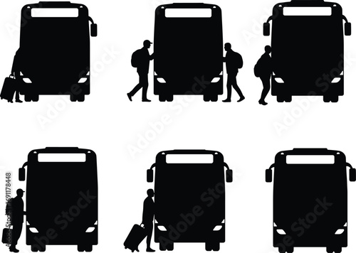 Bus passenger silhouette set, public transport vector illustration, people boarding and waiting, travel commuter scenes, urban transit graphic, transportation lifestyle design for travel industry