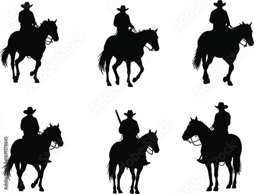 Cowboy horse rider silhouette set, western rodeo vector illustration, wild west cowboy on horseback, vintage ranch scene, frontier lifestyle graphic design