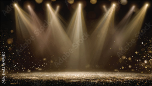 Elegant stage with spotlights illuminating sparkling golden particles creating a captivating scene for performances and events
