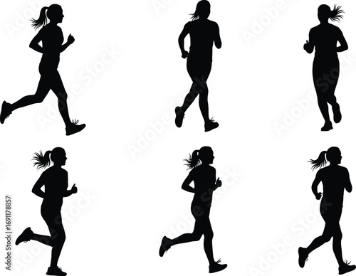 Silhouette running woman sequence, athletic female jogger motion stages, sports biomechanics, fitness training, marathon runner stride cycle, vector illustration for health and exercise concepts