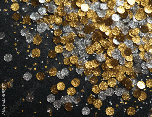 Elegant scattering of gold and silver glitter confetti on a dark background for festive designs and backgrounds