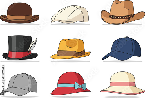 Various hat styles, bowler, flat cap, cowboy, top hat, fedora, baseball cap, cloche, sun hat, fashion headwear, CAD drawing flat vector illustration