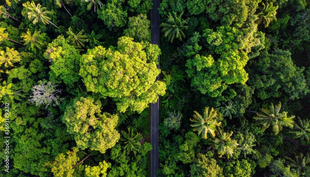Naklejka premium Lush Green Rainforest Canopy Aerial View Road Through Jungle.