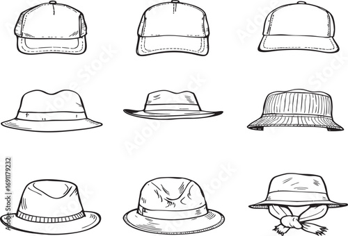 This image showcases a collection of hand-drawn hat and cap designs, perfect for fashion, lifestyle, or design projects.