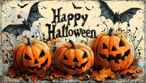 Spooky Halloween Greeting Card with Pumpkins and Flying Bats. Vintage Jack O Lantern Illustration. Retro Holiday Card with Text and Copy Space. Halloween Party Poster or Invitation