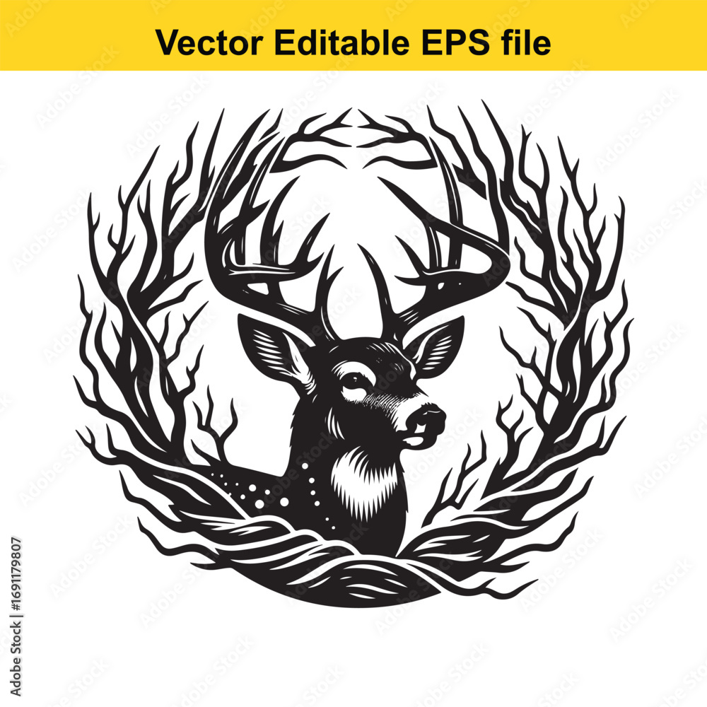 Obraz premium Deer head with large antlers in a circular frame of branches isolated on white background