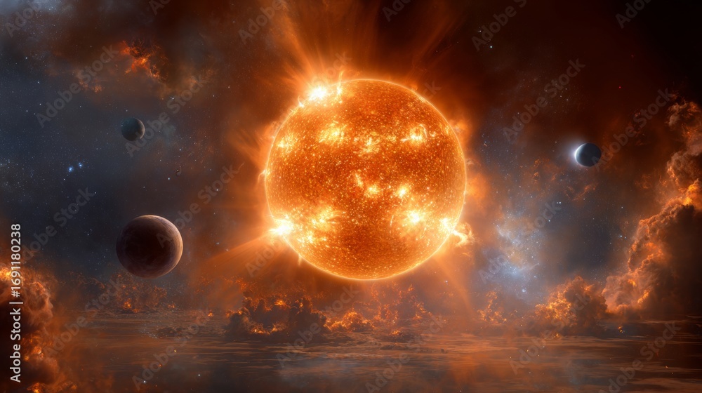Obraz premium Massive dying star collapse with brilliant cosmic display and orbiting planets