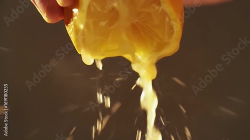 Squeezing Fresh Lemon Juice From Fruit in Hand with Yellow Color and Dark Background