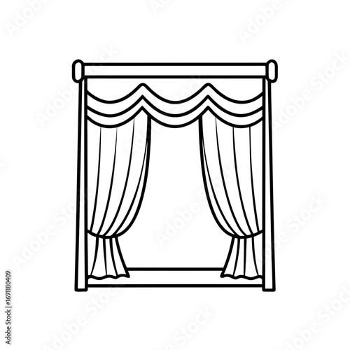 Illustration of a window frame with curtains and a decorative valance in a simple black outline style on transparent background